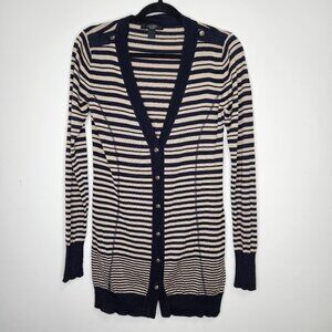 Max Mara Weekend Silk Cardigan Sz L Button Front Striped Navy Blue Beige